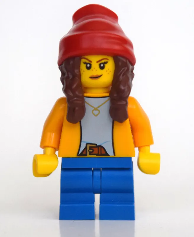 Girl, Bright Light Orange Shirt, Blue Medium Legs, Red Beanie with Braids
