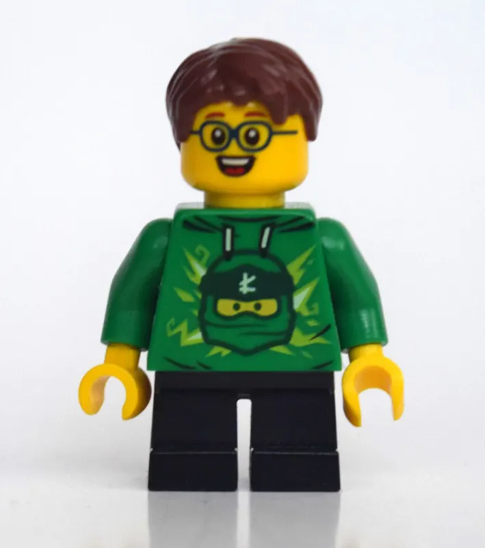 Boy, Green Ninjago Hoodie, Short Black Legs, Reddish Brown Hair, Glasses