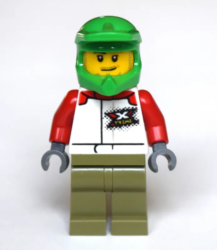 Man, White Racing Jacket, Olive Green Legs, Green Dirt Bike Helmet, Stubble