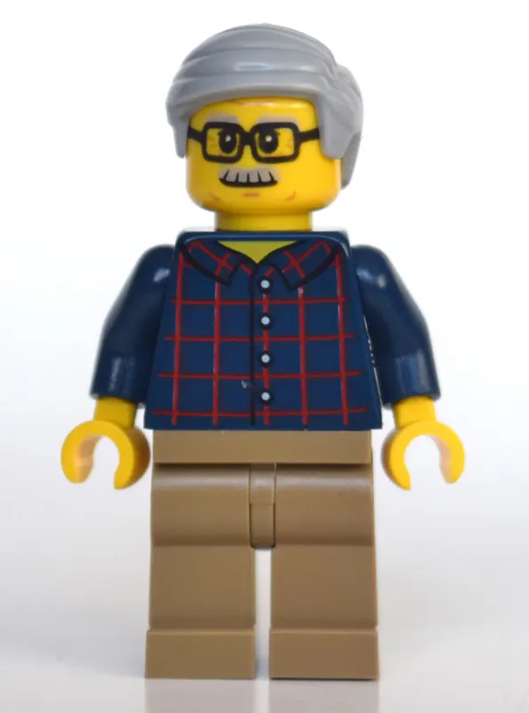 Man, Dark Blue Plaid Shirt, Dark Tan Legs, Light Bluish Gray Hair and Moustache, Glasses