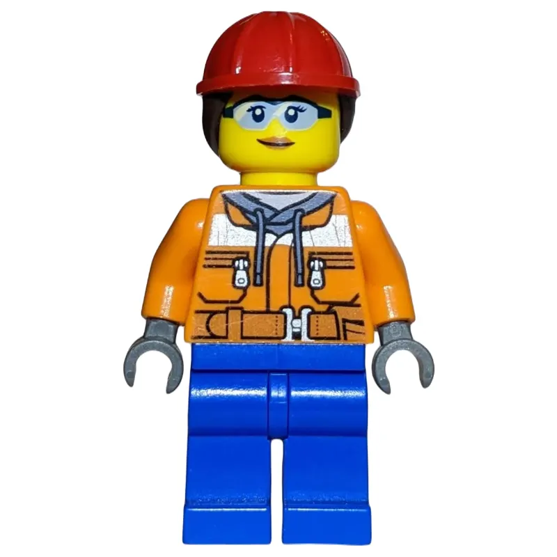 Construction Worker, Woman, Orange Safety Jacket, Blue Legs, Ponytail with Red Hard Hat