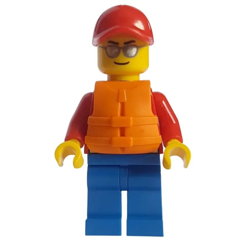 Lifeguard, Red Jacket, Blue Legs, Red Cap, Orange Life Vest