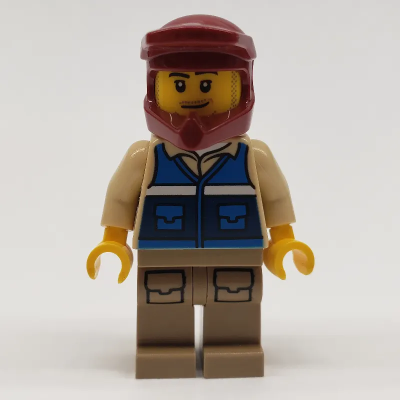 Man, Blue Vest, Dark Red Dirt Bike Helmet, Stubble Beard