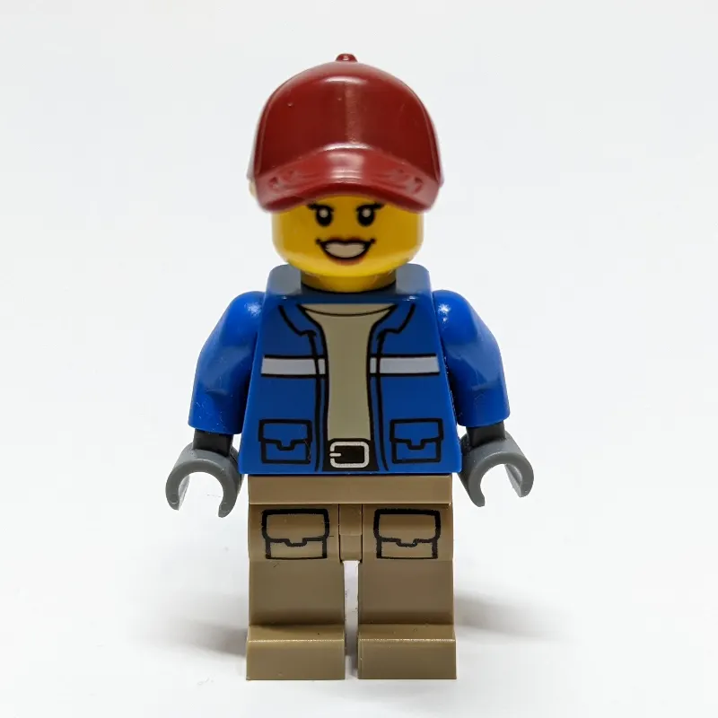 Woman, Blue Jacket, Dark Red Cap