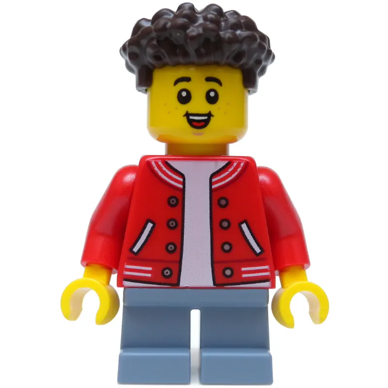 Boy, Red Jacket, Short Sand Blue Legs, Dark Brown Hair