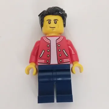 Man, Red Letterman Jacket, Dark Blue Legs