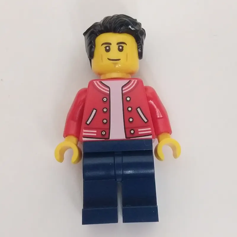 Man, Red Letterman Jacket, Dark Blue Legs