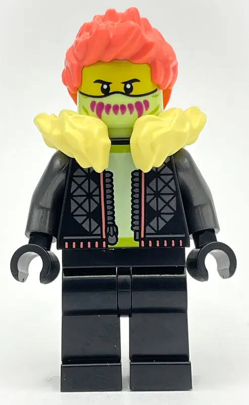 Black Torso, Black Legs, Bright Light Yellow Fur Collar, Coral Hair