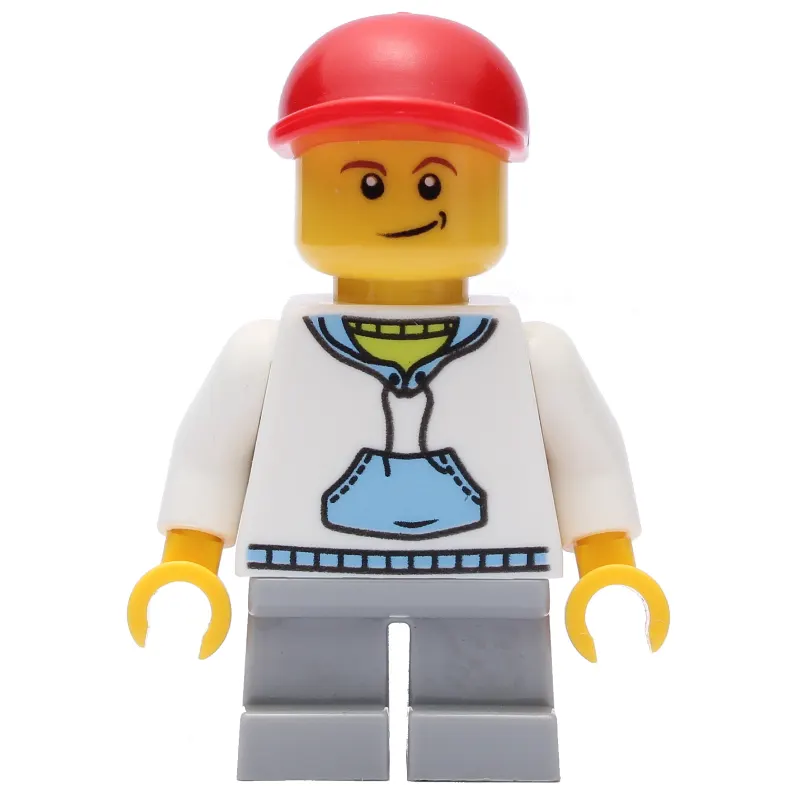 Boy, White and Blue Hoodie, Short Light Bluish Gray Legs, Red Cap (3626c Head)