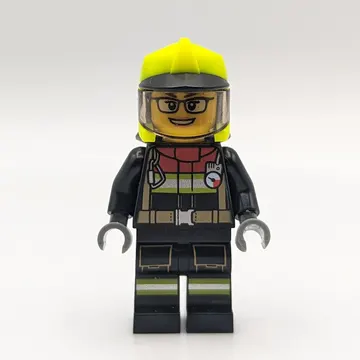 Firefighter, Black Suit, Vibrant Green Helmet with Visor, Glasses