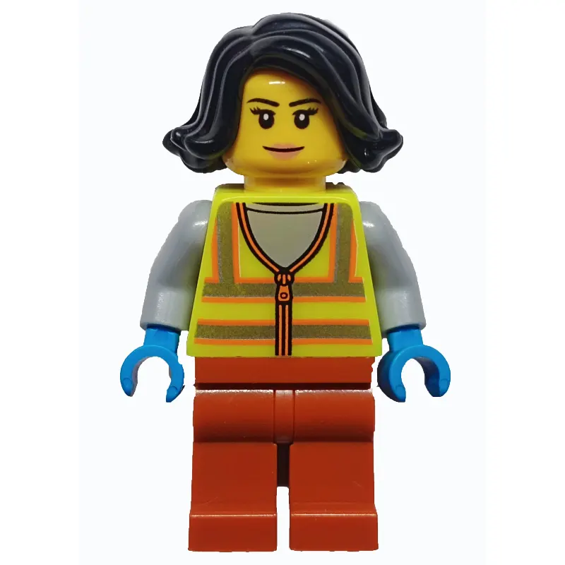 Woman, Vibrant Yellow Safety Vest, Dark Orange Legs, Black Hair