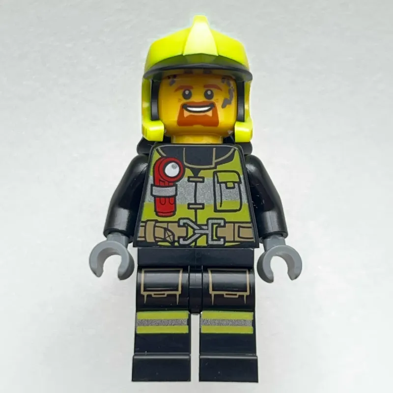 Firefighter, Black Fire Suit with Red Flashlight, Vibrant Yellow Helmet