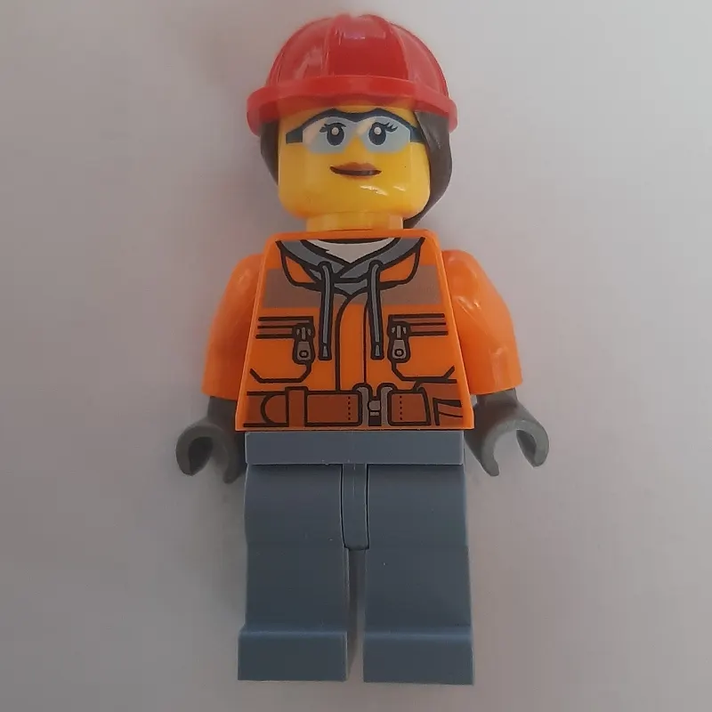 Construction Worker, Orange Safety Jacket, Sand Blue Legs, Red Hard Hat with Ponytail