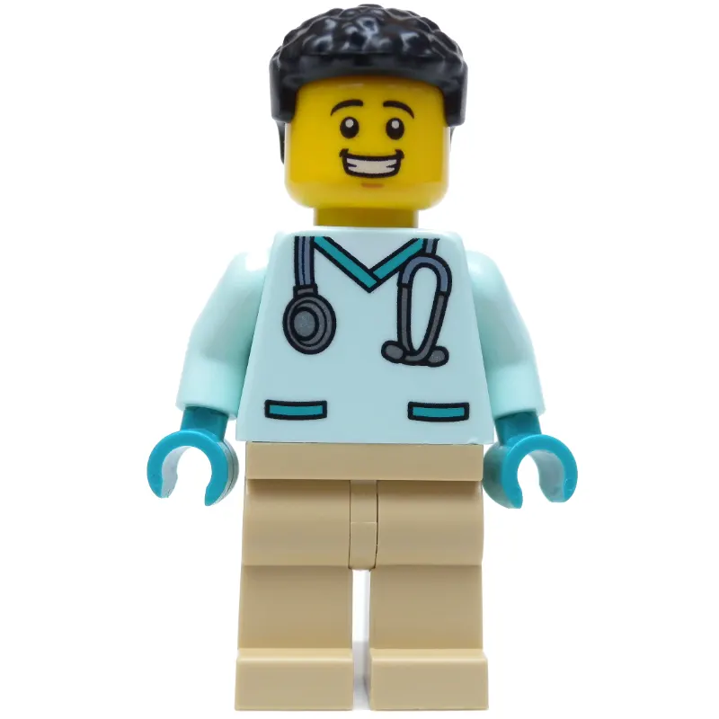 Vet, Light Aqua Shirt, Tan Legs, Black Hair