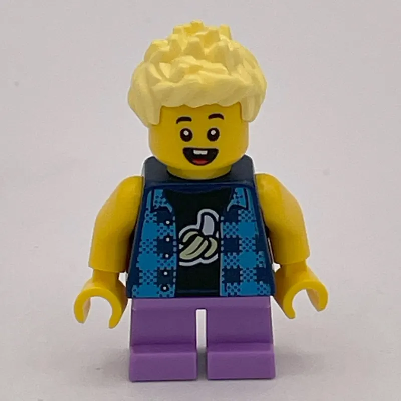 Boy, Dark Blue Banana Shirt, Short Medium Lavender Legs