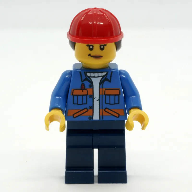 Construction Worker, Blue Safety Jacket, Dark Blue Legs, Red Hard Hat with Hair