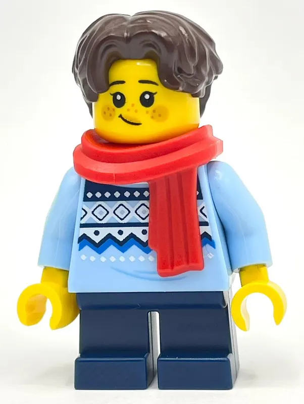 Child, Bright Light Blue Sweater, Short Dark Blue Legs, Red Scarf, Dark Brown Hair