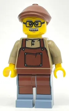 Man, Dark Tan Shirt with Reddish Brown Apron, Glasses and Moustache, Reddish Brown Hat