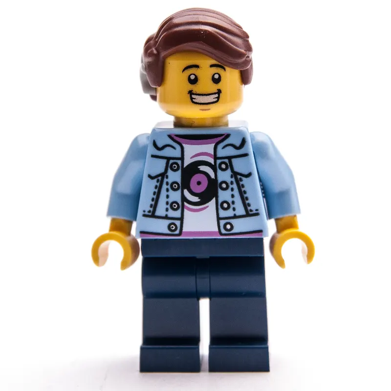 Man, Bright Light Blue Jacket, Dark Blue Legs, Reddish Brown Hair