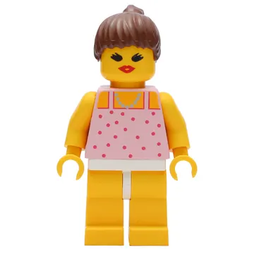 Woman, Pink Top with Spots, Yellow Legs, Brown Hair - Open Mouth