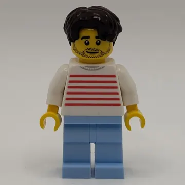 White Striped Torso, Bright Light Blue Legs, Dark Brown Hair