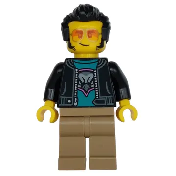 Man, Black Jacket, Dark Tan Legs, Sunglasses