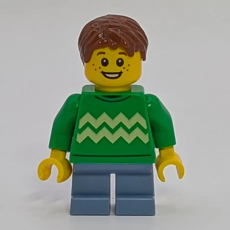 Boy, Bright Green Sweater, Short Sand Blue Legs