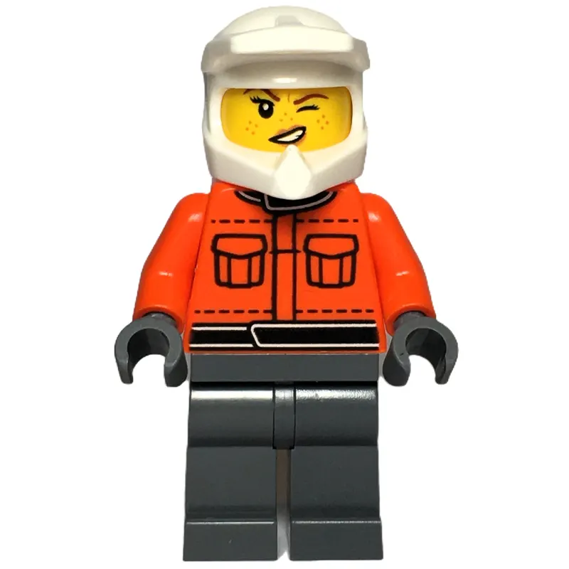 Pit Crew, Reddish Orange Torso, Dark Bluish Grey Legs, Female, Wink