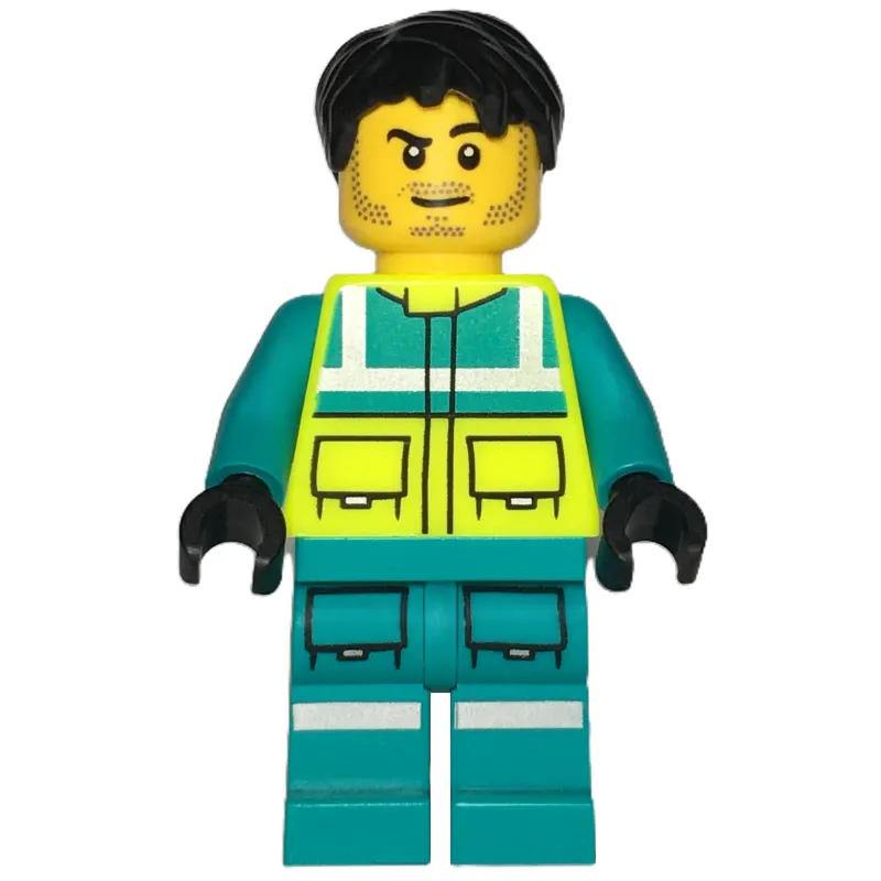 Paramedic, Vibrant Yellow Safety Vest, Dark Turquoise Legs, Black Hair