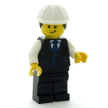 Man, Black Vest, Black Legs, White Hard Hat with Dark Brown Hair