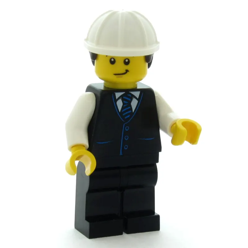 Man, Black Vest, Black Legs, White Hard Hat with Dark Brown Hair
