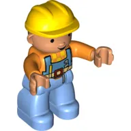 Duplo Figure with Construction Helmet Yellow, with Orange Long Sleeve Jacket, Medium Blue Legs