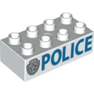 Duplo Brick 2 x 4 with 'POLICE' and Star Badge Silver Print