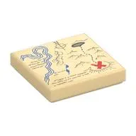 Tile 2 x 2 with Map River, Dark Tan Mountains, Handwriting and Red X Print
