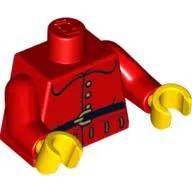 Torso Coat with Rounded Collar, Gold Buttons and Black Belt Print, Red Arms, Yellow Hands