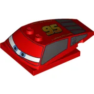 Brick Wedged, Curved 6 x 4 x 1 1/3 with 4 x 4 Base with Blue Eyes on Narrow White Background, Windows and '95' Print (Lightning McQueen)