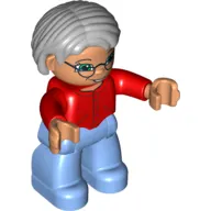 Duplo Figure Bob / Pageboy Hair Gray, with Medium Blue Legs, Red Sweater, Blue Eyes, Glasses