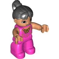 Duplo Figure with Ponytail Black, with Dark Pink Legs and Gold Bow Print