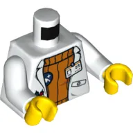 Torso Lab Coat with Pockets and ID Badge over Orange Sweater / Arctic Explorer Logo Back Print, White Arms, Yellow Hands