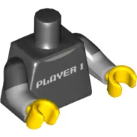 Torso, Dual Molded Arms, Shirt with Light Bluish Gray Collar and 'PLAYER 1' Print, Black Sleeves Pattern, Light Bluish Gray Arms, Yellow Hands