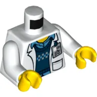 Torso Lab Coat with Pockets over Blue Vest and Shirt, ID Badge with Ultra Agents Logo Print (Christina Hydron), White Arms, Yellow Hands