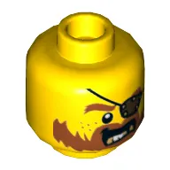 Minifig Head Bucko / Pirate, Eyepatch, Dark Orange Beard with Messy Hair and Moustache, Gold Teeth Print