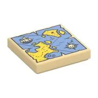 Tile 2 x 2 with Map with Red 'X', Sail Boat, Compass and Blue and Yellow Print