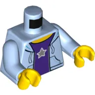 Torso Hooded Sweatshirt Open with Purple Shirt, Silver Star Print, Bright Light Blue Arms, Yellow Hands