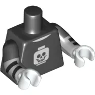 Torso, Dual Molded Arms, Shirt with White Minifig Head Skull Print, Black Sleeves Pattern, Light Bluish Gray Arms with Black Stripes Print, White Hands