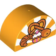 Duplo Brick 2 x 4 x 2 Curved Top with Cupcake, Roll, Croissant, and Pretzel on Bright Light Orange and White Sun-rays Background Print