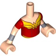 Minidoll Torso Girl with Red Top with Gold Wonder Woman Logo Print, Light Nougat Arms with Hands with Red Short Sleeves and Silver Bracelets Print