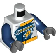 Torso Racing Jacket, Orange Collar, 'GEAR' Logo Print, Dark Blue Arms, Dark Bluish Gray Hands