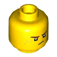 Minifig Head Jay, Reddish Brown Eyebrows and Freckles, Lopsided Grin / Frown Print