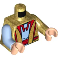 Torso, Odd Arms, Robe with Red Trim, Open over Bright Light Blue Tunic Print, Left Pearl Gold Arm, Right Bright Light Blue Arm, Light Nougat Hands
